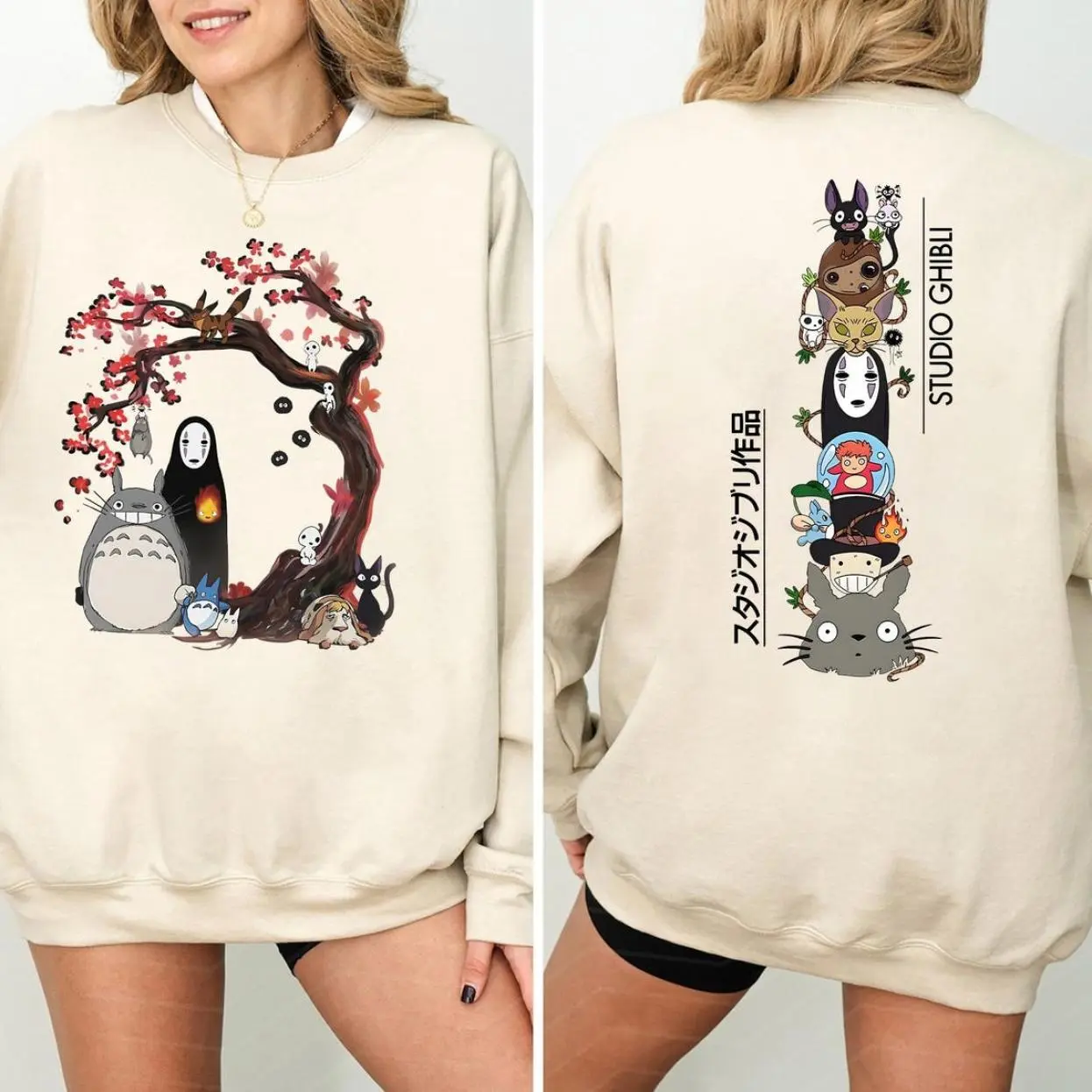Men's Casual Cotton Unisex Studio Ghibli Double-Sided Fleece Sweatshirt - Totoro, No Face, Jiji, Calcifer, Ponyo Graphic Crewneck, Pocket, Ribbed Cuffs, Drawstring, Sand Aesthetic Anime Merch, Classic Fit, Easy-to-Match Fan Gift, Everyday Fabric, Tops, Sh