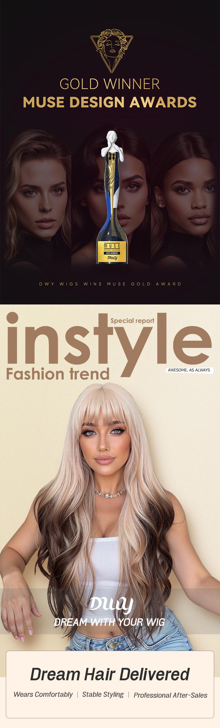 Nyssa C-DWY Long-length Wave Pink Gradient Brown with Bangs Big Scalp Area Glueless Synthetic Wig for Women 28 Inches