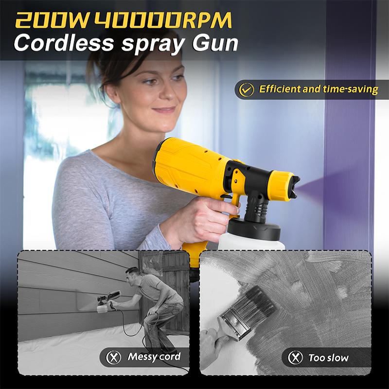 Cordless electric paint sprayer comes with an adjustable spray width knob, comes with 2 batteries, is easy to clean, and is suitable for furniture, gardens, chairs, fences, walls, doors, etc.