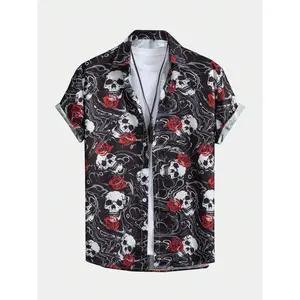 Men Women Skull Pattern Print Shirts Casual Design Short Sleeve Shirts Fashion Button Tops