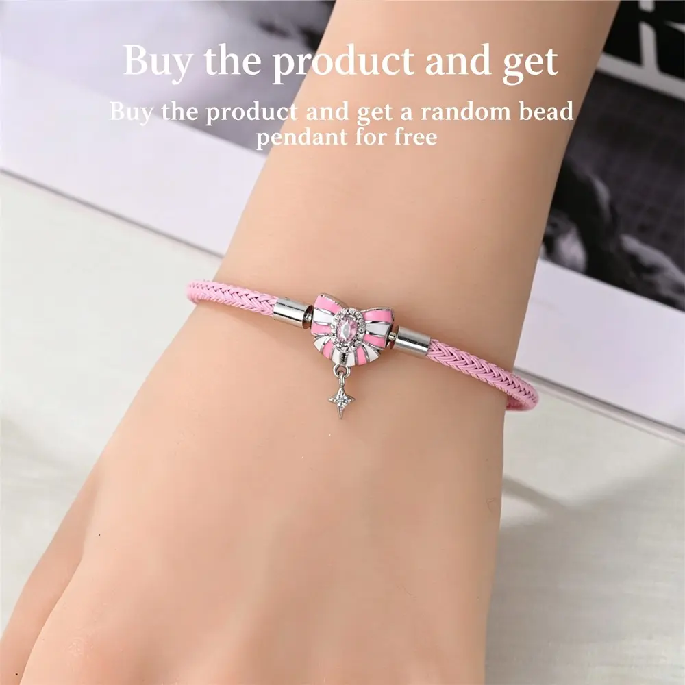 925 Sterling Silver Kawaii Pink Bow Tie & Star Charm Bracelet for Girls