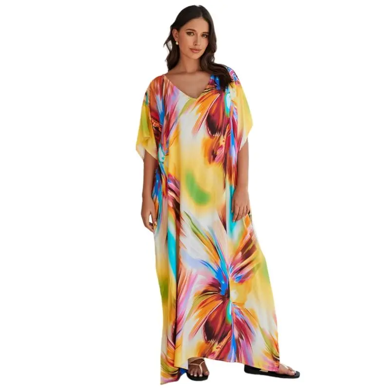 Women's Boho Kaftan Dress, Summer Clothes, Ethnic Print Casual Loose Fit Oversized Maxi Dress for Beach Holiday Vacation, Ladies Summer Clothes, Women's Clothing, Womenswear, Swimsuit Cover Up, Mumu Bubu Caftan Dresses for Party - Yellow background flower