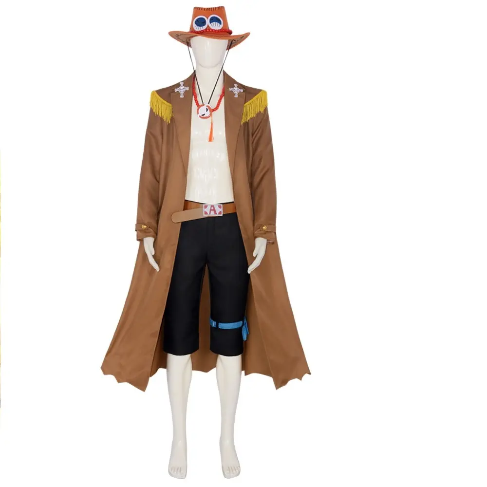 Portgas D Ace Orange Coat Cosplay Costume Full Set Hat Pants Necklace Belt Leg Bag for Comic Con