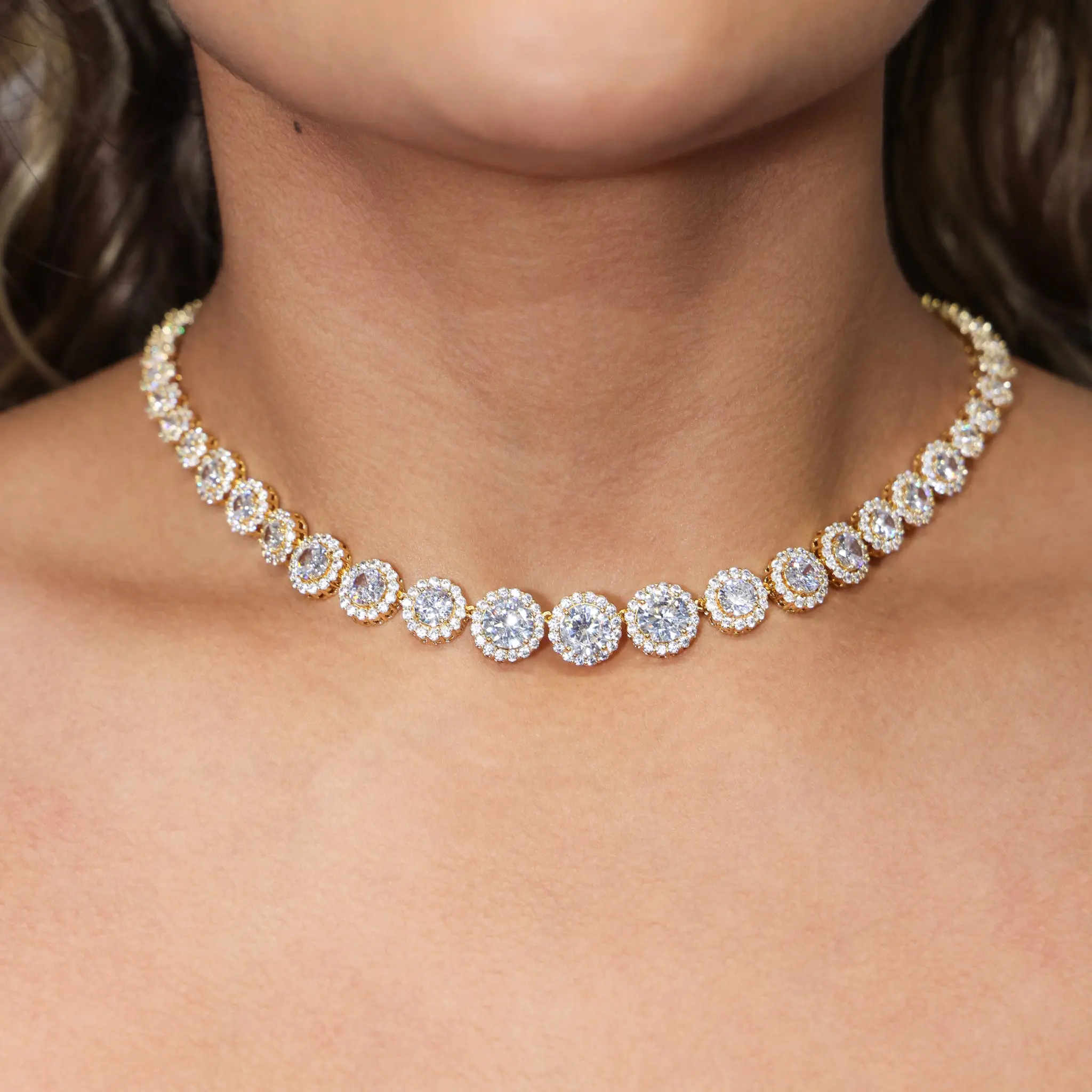 Graduated Round Clustered Tennis Necklace - Gold