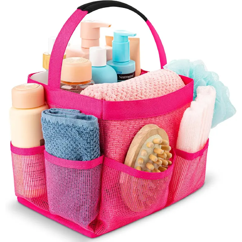 Shower Caddy Mesh - 9 Pocket Portable Bathroom Organizer Tote for Travel, Gym & Dorm - Collapsible Small Shower Caddy Bag to Hold Toiletries & Essentials (Pink)