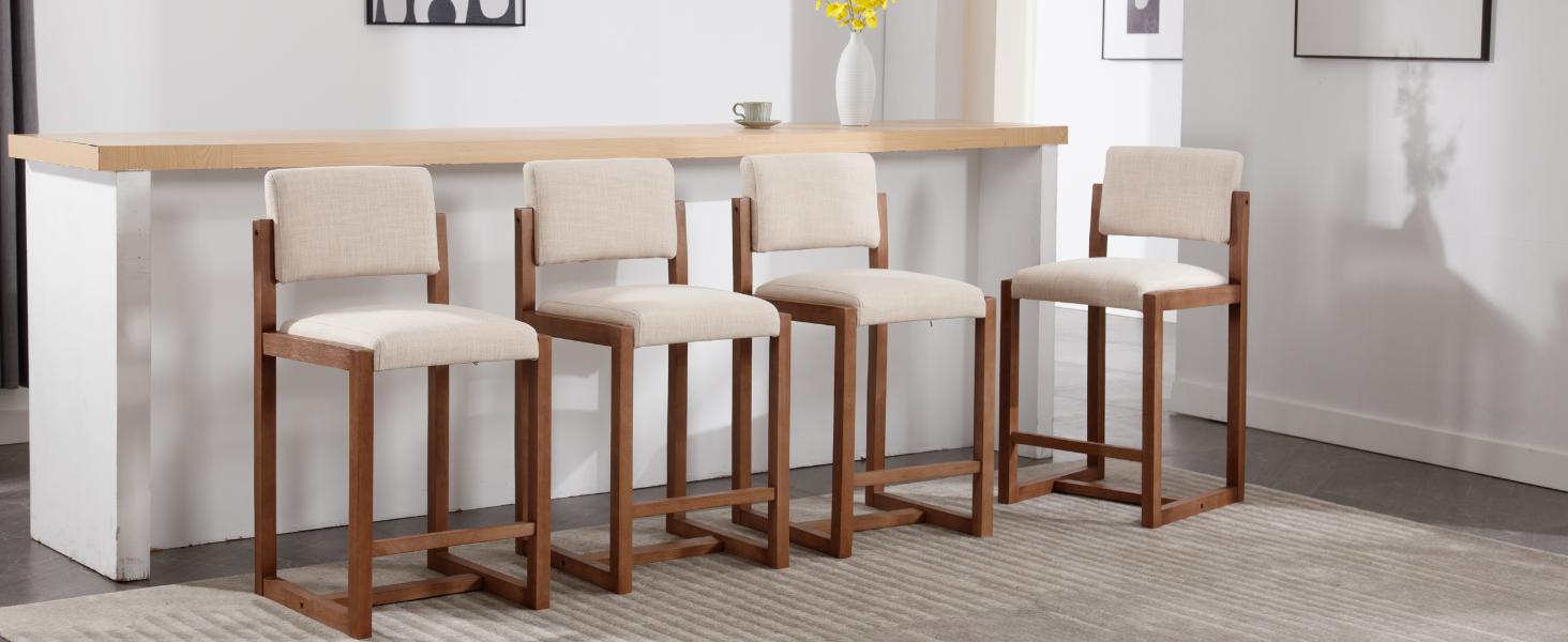 CHAIRUS Modern 26" Counter Height Bar Stools Set of 2,Linen Upholstered Kitchen Island Chairs with Backrest,Open Back Design and Footrest, Solid Wood Frame Barstools for Kitchen Island,Home,Pub,Beige