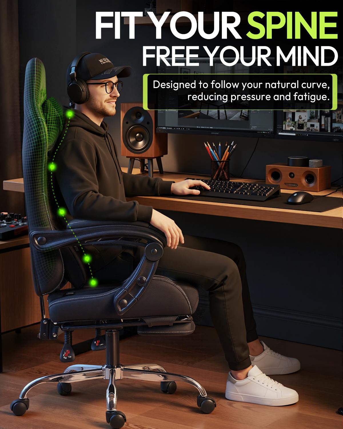 Ergonomic Massage Lumbar Gaming Chair with Footrest , Ergonomic Computer Chair 330lbs with Headrest Pillow for Office, Home, Streaming and Long Gaming Sessions