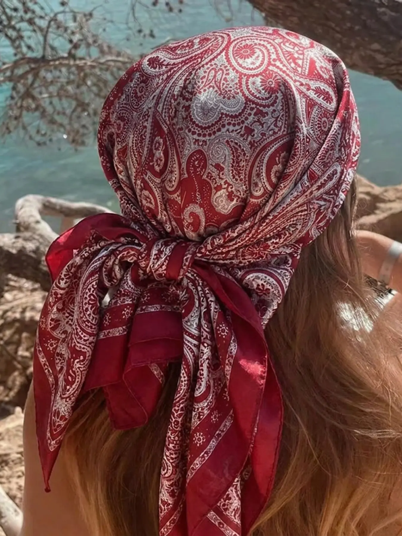90CM burgundy paisley printed silk scarf, bohemian style multi-purpose shawl, fashionable and versatile bandana, contrasting edge scarf, commuting and travel atmosphere decorative scarf, Hijab square scarf, Fashion headscarf, Boho Style Shawl, Shawl Wrap