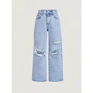 Girl Jeans Fashion Snowflake Washed Hole Design Wide Leg Jeans Can be used with raincoat