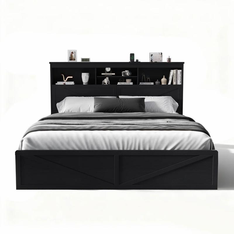 LINGMU Modern King Size Storage Bed Frame with 52” Tall Headboard, Noise-Free Slat Support, 4 Drawers & 2 Cabinets, Black
