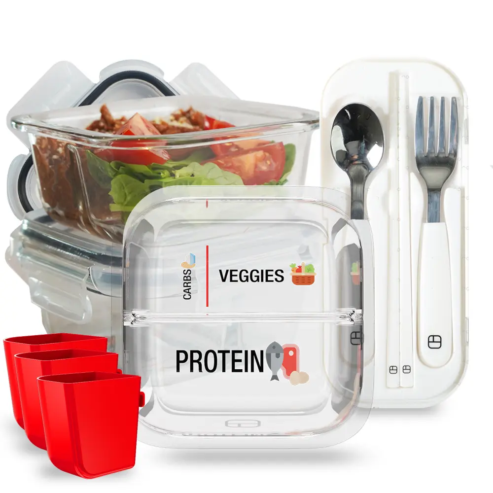 BariBowl Bariatric Meal Prep Set – 3 Glass Portion-Control Containers, Silicone Condiment Cups & Bite-Sized Utensils