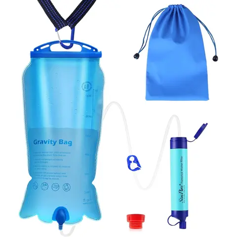 SimPure/WAKIWAKI/MS Compact Durable Emergency Water Filter - 3L BPA-Free Storage Bag, Tree Strap, Hiking Gear, Off Grid Supply, 99.99999% Clarity, Lightweight Reusable Filter, Survival Purifier