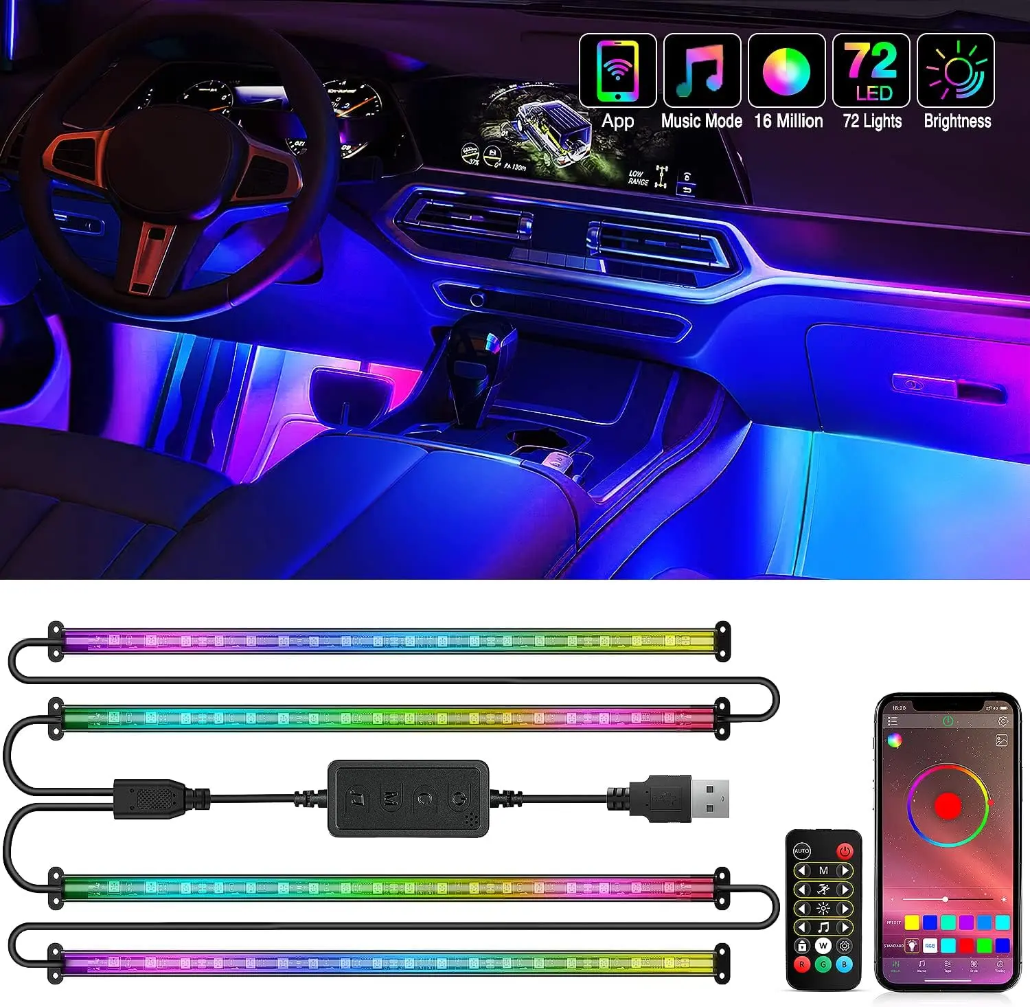 Nilight RGBIC 72-LED 12V DC Car Ambient LED Lights, 2-Line USB Interior Strip with App & RF Remote Control, Music Sync High Brightness Accessories for Cars, Trucks, ATVs, UTVs, Car Ambient Lighting