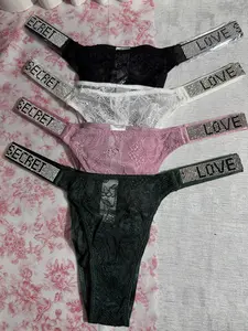 Lace Stretch Panty with Rhinestone Love Strap