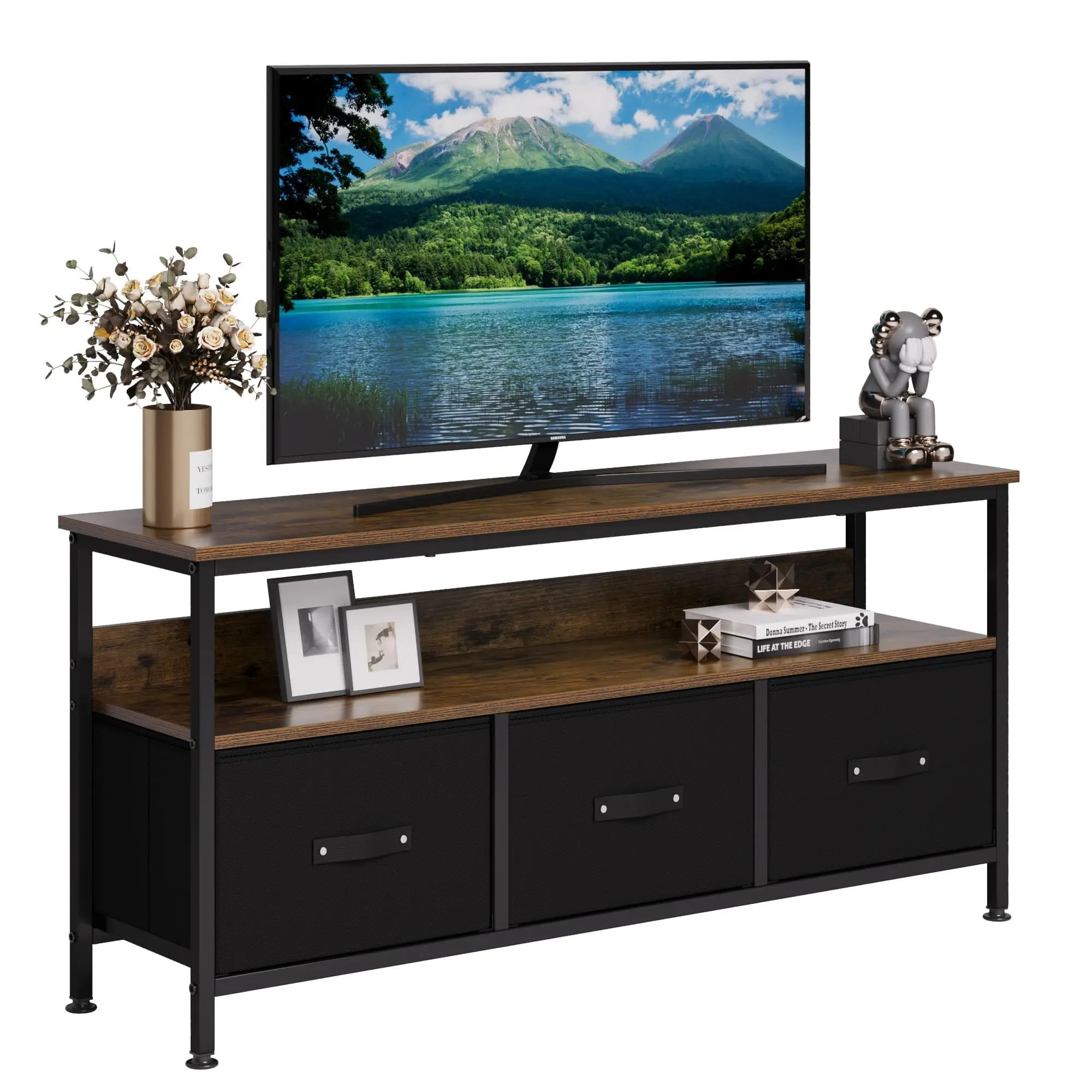 YJ-Garvee Wooden TV Stand with 3 Drawers and Shelves, Low Cabinet for Living Room, Fits Screens up to 55 Inches, Multi-functional Storage and Display FurnitureRetro color palette black fabric drawer