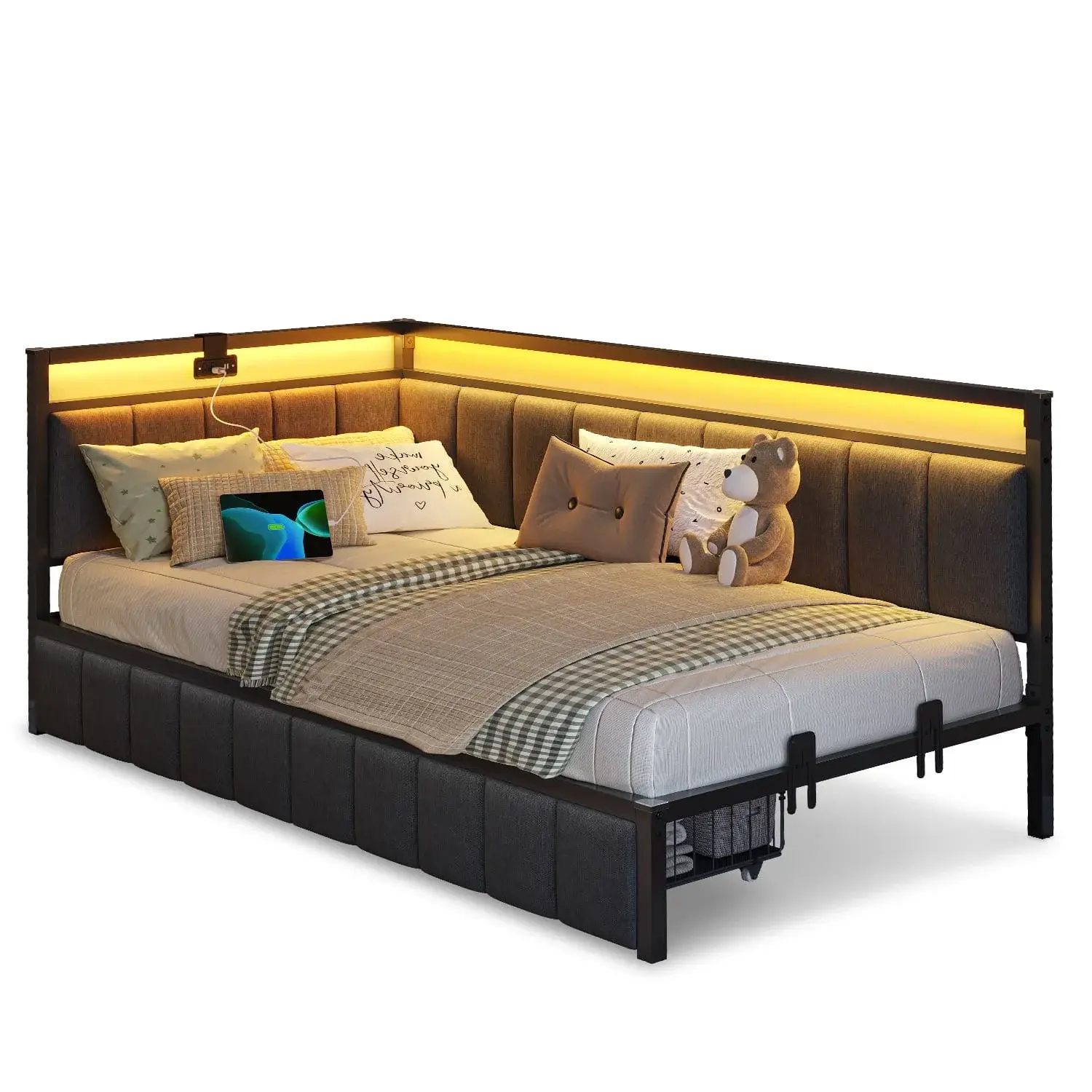SIKAIC Twin LED Daybed with Charging Station, Upholstered Fabric Sofa Bed Frame Gray for Bedroom, Upholstered Platform Bed, Day Bed