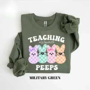 HappyShift - Teacher Easter Gildan Sweatshirt, Teaching My Favorite Peeps Crewneck, Cute Bunny School Top, Happy Easter Outfit, Teacher Gift for Spring