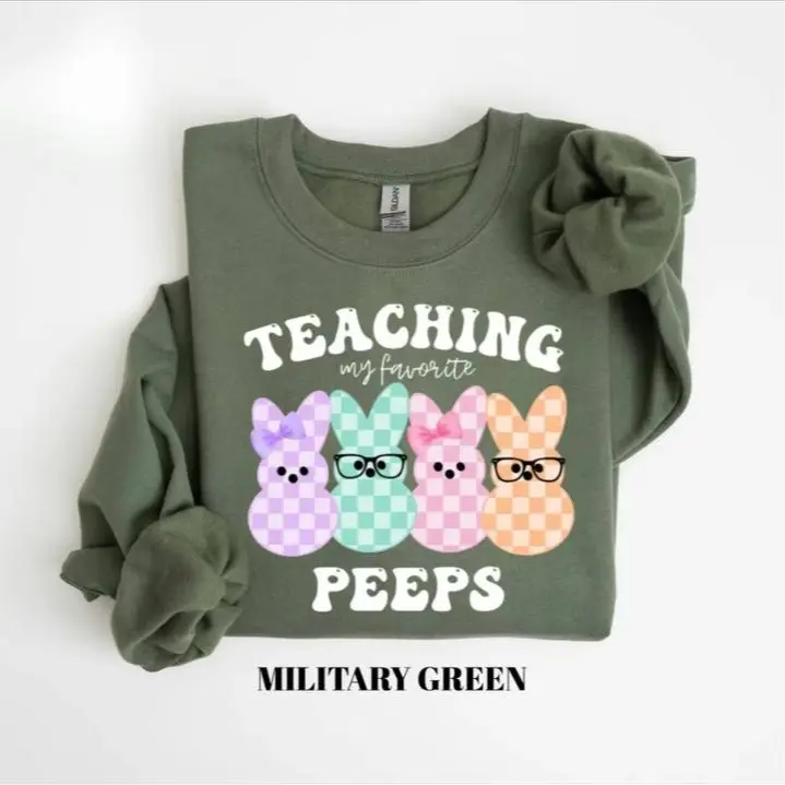 HappyShift - Teacher Easter Gildan Sweatshirt, Teaching My Favorite Peeps Crewneck, Cute Bunny School Top, Happy Easter Outfit, Teacher Gift for Spring