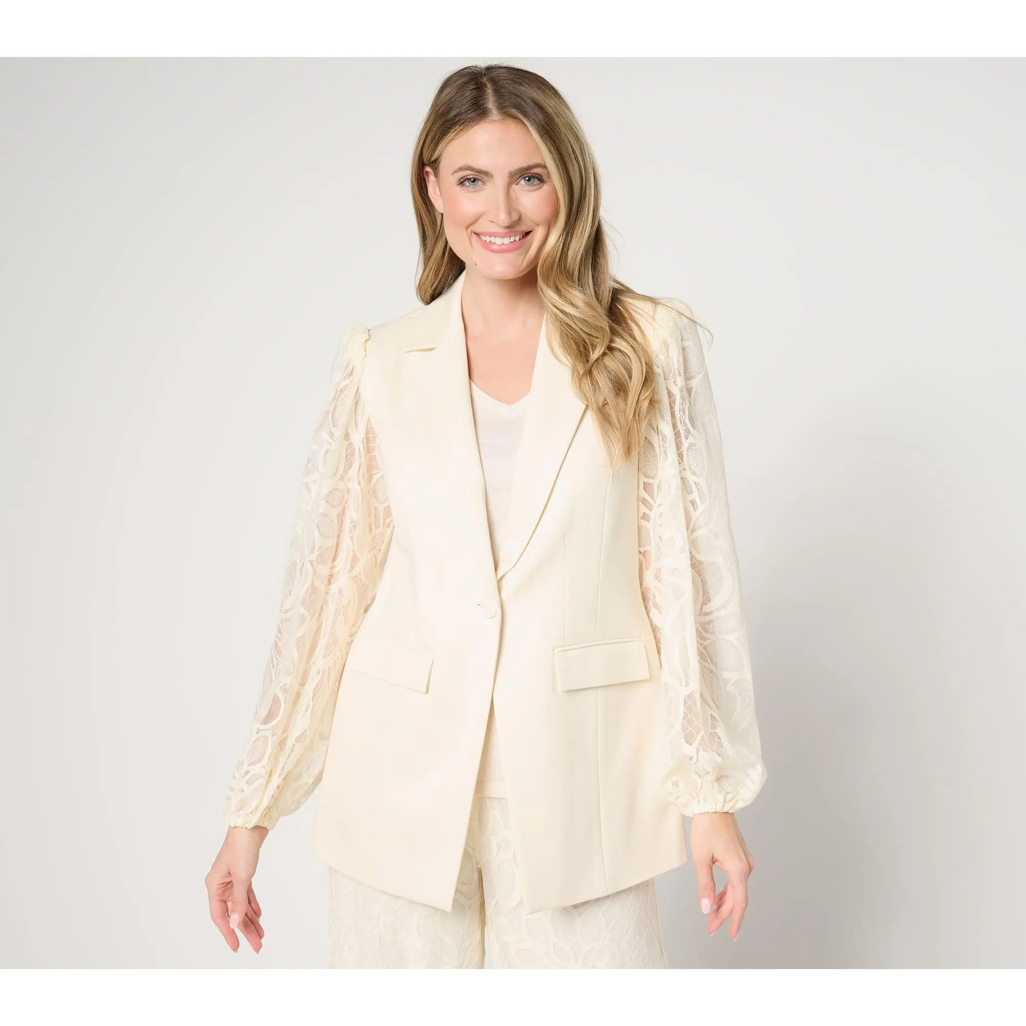 Dennis Basso Regular Ponte Knit Blazer with Lace Sleeves