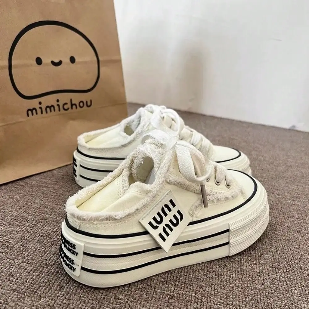 Platform Canvas Sneakers for Women, Casual Slip-On Backless Mules with a Cushioned Sole and Height Boost, Cushioned Platform Casual Trainers