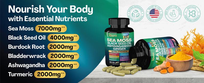 Zoyava Sea Moss Supplement - All-in-One Multivitamin with Black Seed Oil, Ashwagandha & 15+ Extra Strength Ingredients - 60 Capsules - MADE IN USA