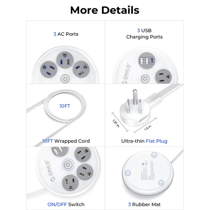 ORICO Travel Power Strip, Travel Essentials, Travel Extension Cord with 3 Outlets 3 USB Ports, 4FT Wrapped Around Extension Cord for Travel Cruise Ship Beach Vacation Essentials White-OR