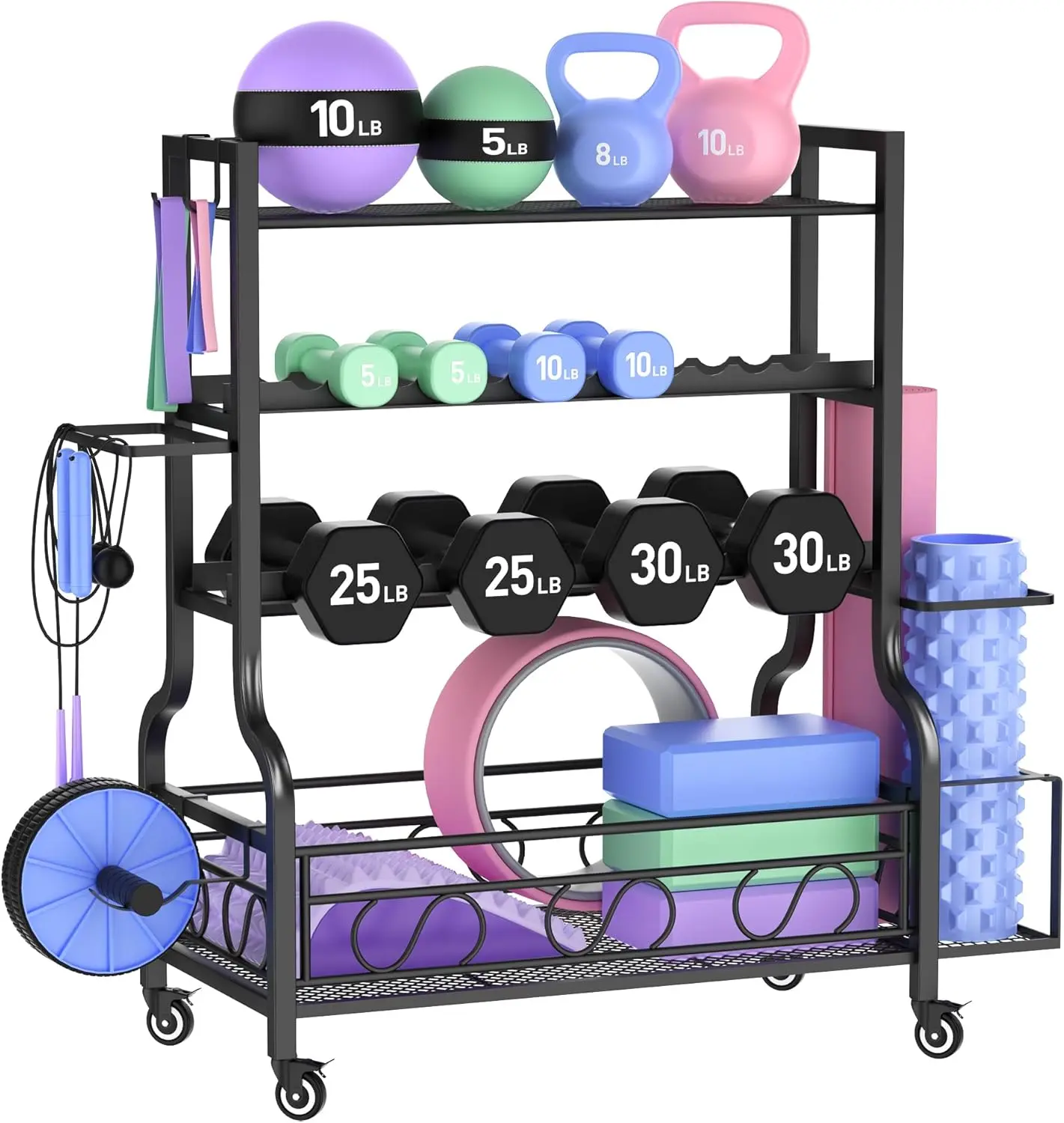 Dumbbell Weight Rack, Home Gym Storage for Kettlebells Yoga Mat and Balls, All in One Workout Storage with Wheels and Hooks, Powder Coated Finish Steel