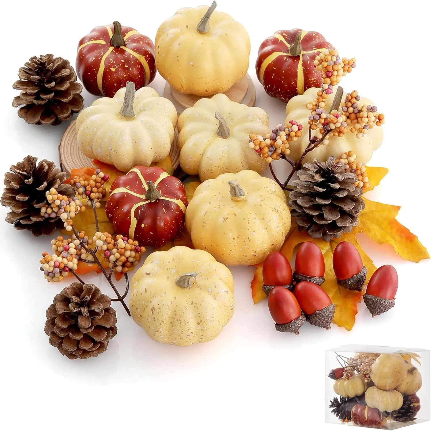 Halloween Pumpkin Decoration Set, 23 Pieces Autumn Harvest Decorations, Including Mini Pumpkins, Acorns, Pine Cones, Berries, Maple Leaves, Suitable for Home Dining Table Wedding Decoration