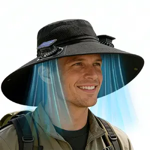 Men's solar fan cap with mesh and adjustable wide brim, perfect for outdoor activities such as fishing, camping, hiking, etc