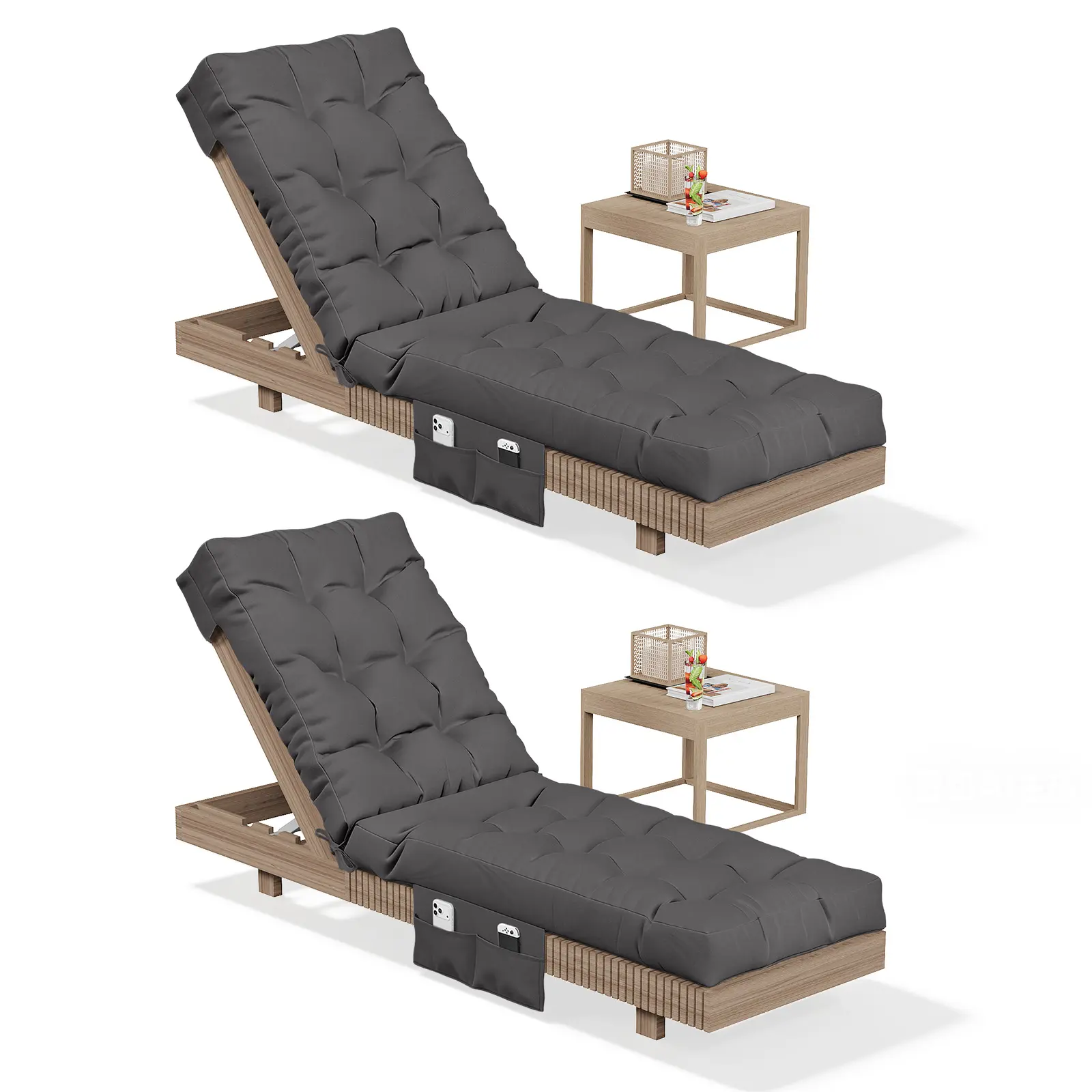 Aoxun 2-Piece Outdoor Chaise Lounge Cushions Set, Waterproof Pool Patio Thick Pads with Storage Pockets & Secure Ties, Grey Replacement for Backyard Deck Porch Furniture