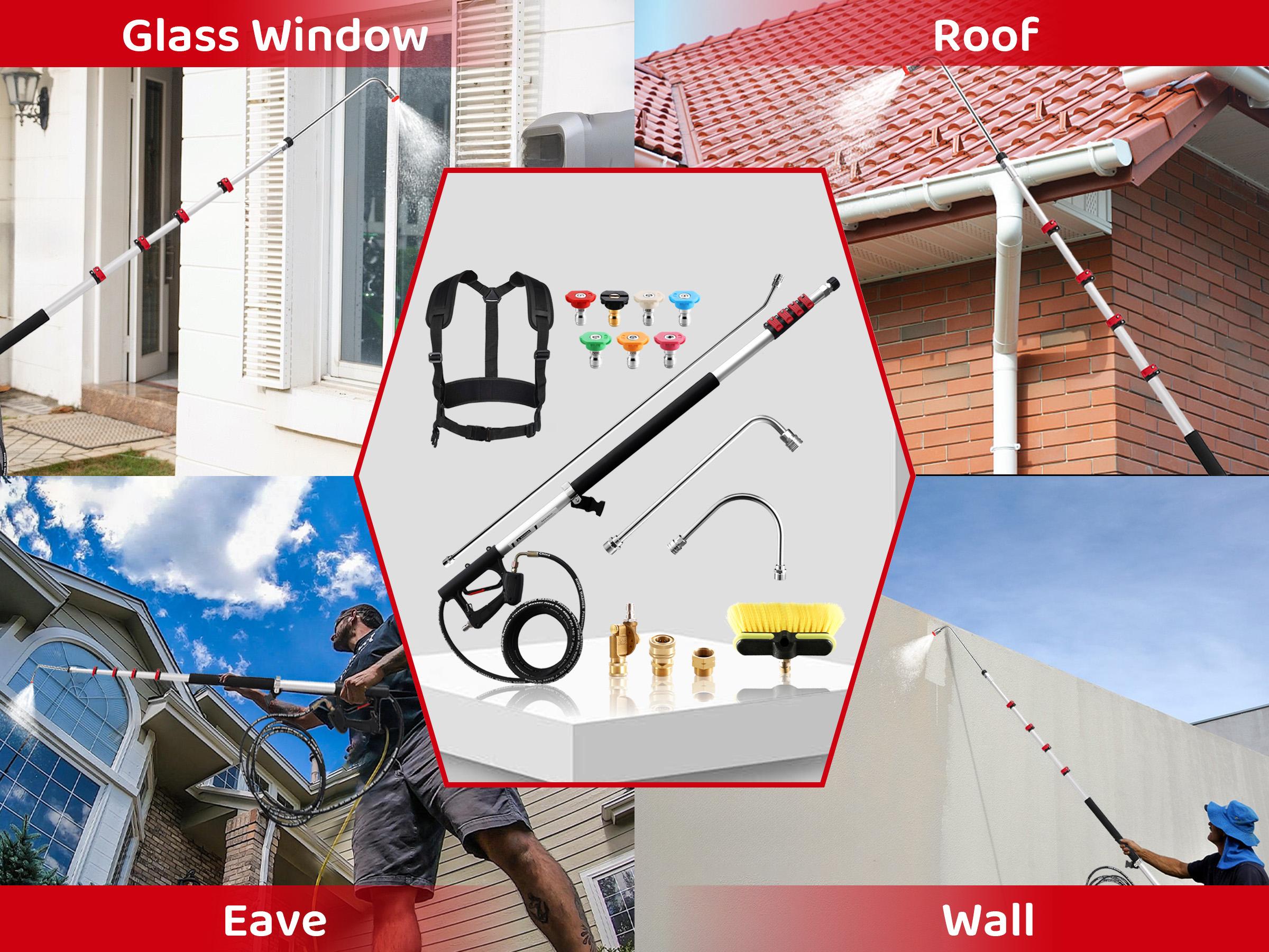 RIDGE WASHER 24 FT Telescoping Pressure Washer Wand with Brush,Telescopic Gutter Cleaner 3 Stainless Steel Curve Wands,Adjustable Belt,4000 PSI Heavy Duty Cleaning