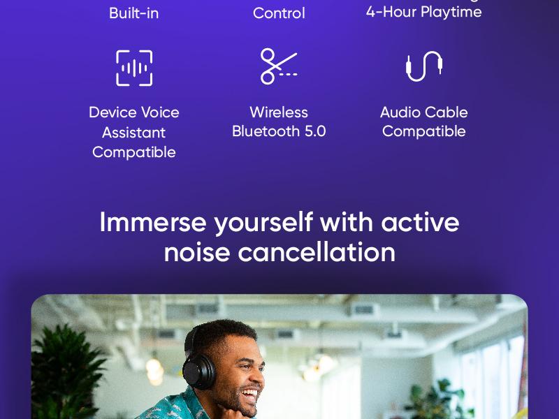 Wyze Headphones — #1 Over-Ear Headphones on TikTok, Active Noise Cancellation Bluetooth Audio Earphones, Lightweight, Aux Cord, Rich Bass, Android iOS