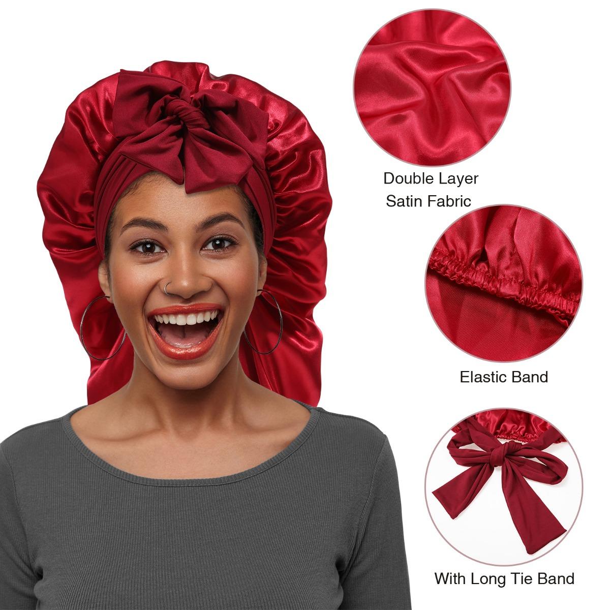 AWAYTR Double Layered Elastic Long Sleeping Cap for Women Solid Color Nightcap Satin Hat Tie Band Hair Care Chemical Cap