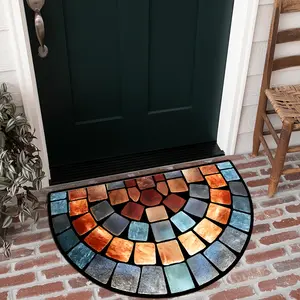 2D Flat Non-Slip Retro Door Mat Outdoor Entrance - Semi -Circular Entryway Mat Colorful Square Pattern Floor Mat, Hand Washable, for Front Door with Non-Slip, Home Decorative Carpet Door Mat Bathroom Entrance
