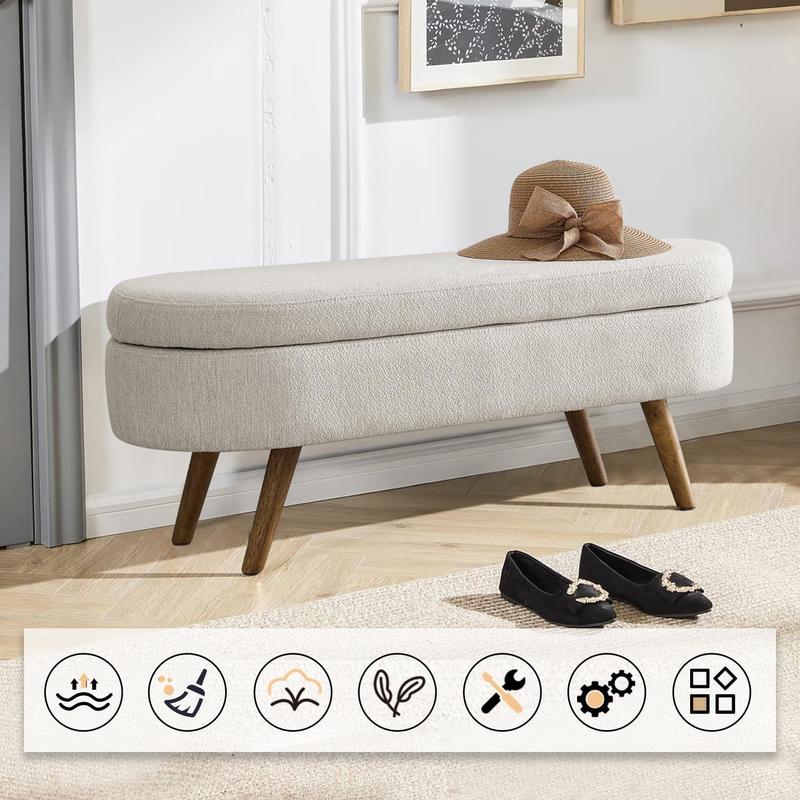 Niccae 43.5" Oval Storage Bench Linen Fabric Upholstered with Solid Wood Legs Soft Cushioned Stool for Living Room Bedroom End of Bed or Entryway