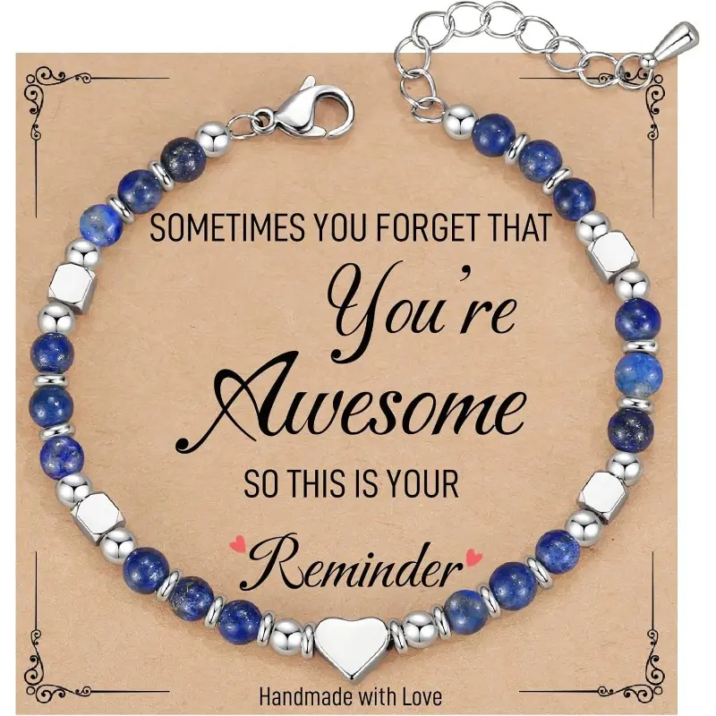 Women's Handcrafted Boho Style Bracelet - 7-Inch Lapis Lazuli Colored Natural Gemstone Beads, Hypoallergenic Stainless Steel, Adjustable Chain, Stack-Ready Fit, Unisex Daily Wear, Blue Encouragement Gift, Summerwins Bohemian Costume Jewelry, Lightweight