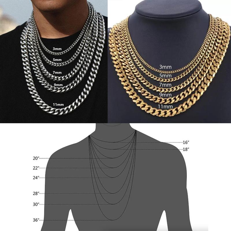 Stainless Steel Gold Silver Cuban Curb Chain Necklace for Women Men 3/5/7/9/11Mm Unisex Jewelry