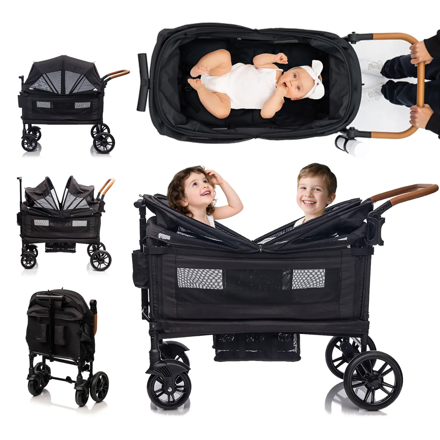 Expedition Double Wagon Stroller for 2 Kids - Lightweight Travel Foldable Tandem Traveling Stroller with 5-Point Safety Harness, Adjustable Canopy & Handlebar, Snack Tray, All-Terrain Wheels, Cargo Mode, Lightweight Travel Stroller, Foldable Tandem Stroll