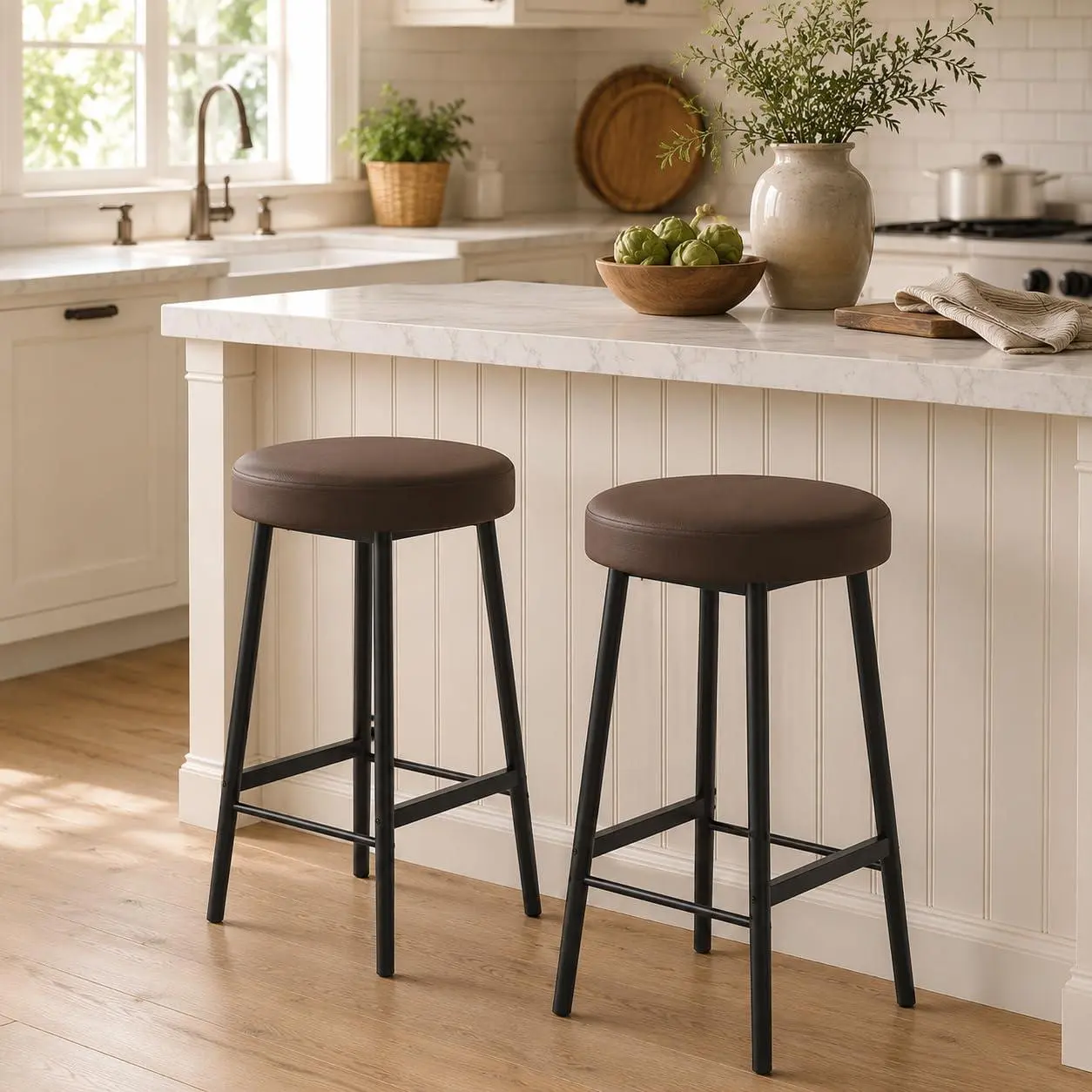 Garvee 26" Round Backless Counter Bar Stools Set of 2, Rustic Brown | A 2.4-inch thick cushion and 400 lb metal frame deliver lasting comfort for kitchen islands, counters and dining spaces.
