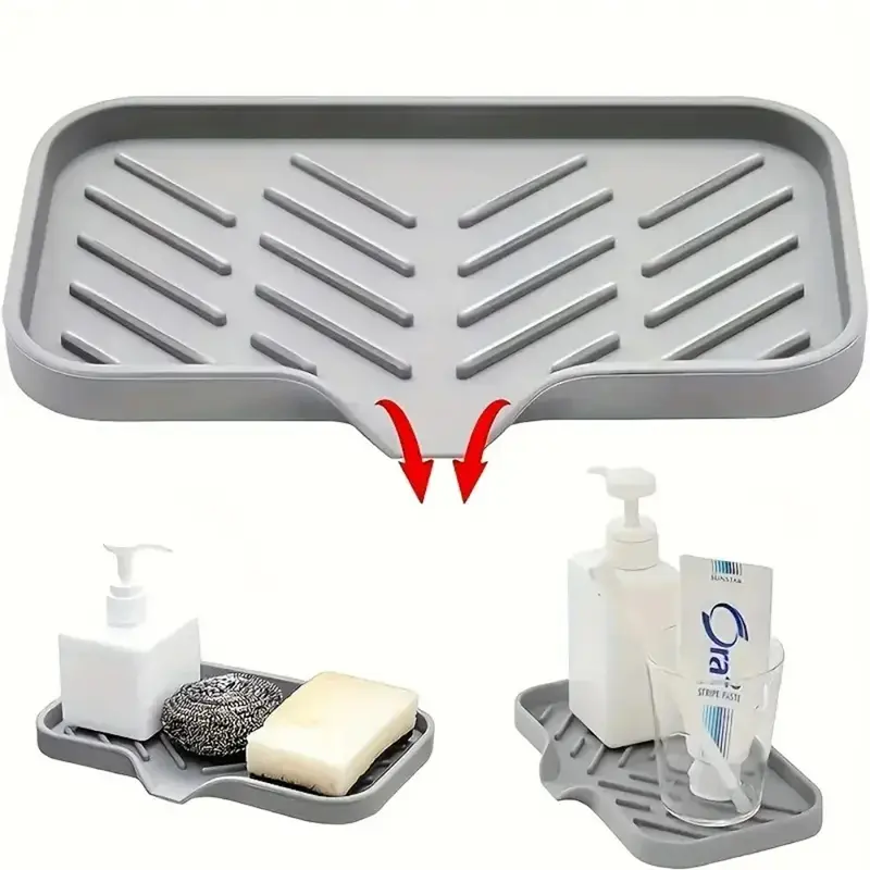Silicone Bathroom Countertop Sink Drain Pad, 9.65 x 5.91 Inches Kitchen Sink Drying Mat, Non-Slip Drainage Storage Tray for Home Essentials