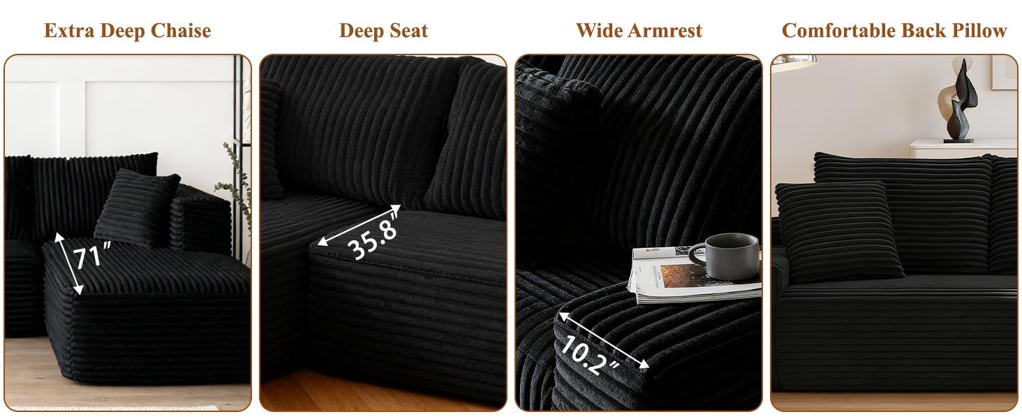 【2Package Delivery】AVENIX Boneless Sectional Couch - Modular Cloud Sofa for Living Room, Soft Corduroy Sofa with Deep Seat & Throw Pillows, Cloud Sectional Couches for small space couch, Sofas Para Sala - No Assembly Required Sofa Bed Couch.