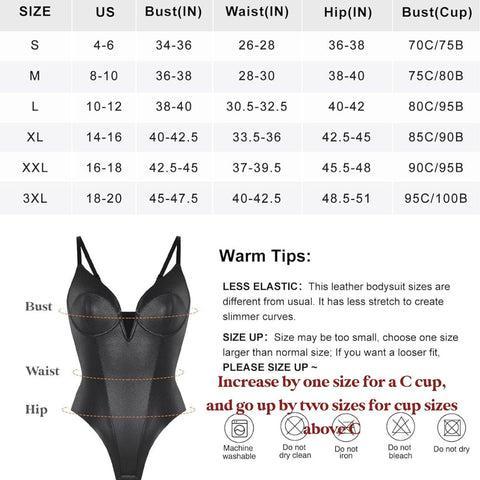 Popilush Elastic Deep V-Neck Leather Shapewear Thong Bodysuit  Adjustable Soft Breathable Fabric