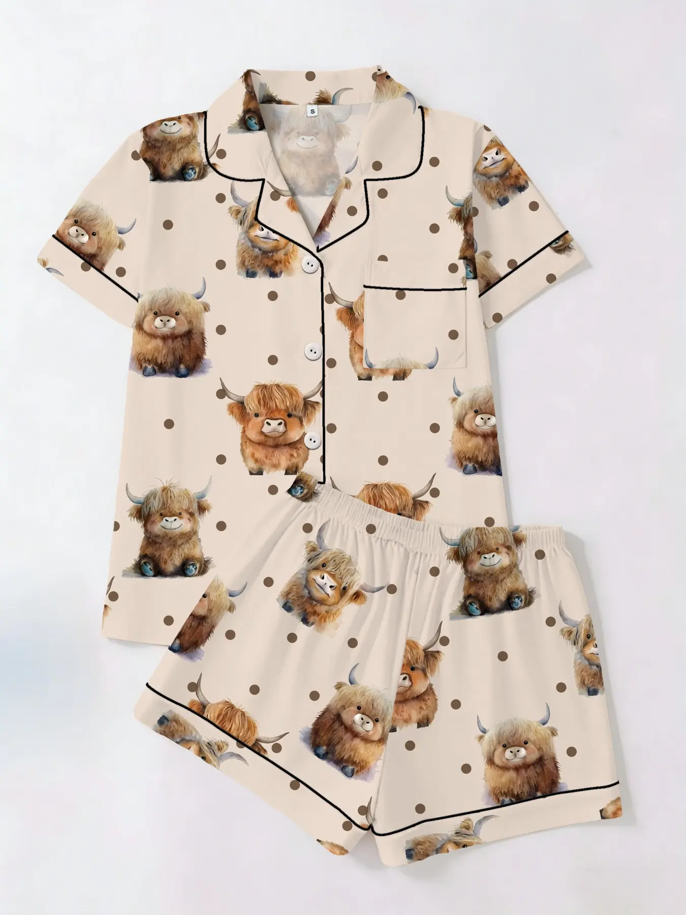 Highland Cow Print 2-Piece Pajama Set, Short Sleeve Button-Up Shirt and Shorts, Cute Casual Homewear Loungewear for All Seasons