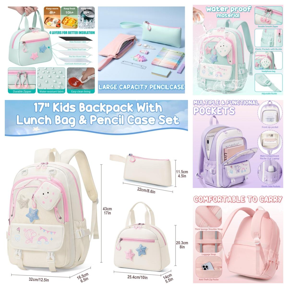 Fimibuke 3PCS Waterproof Backpack for School,Bookbag Set with Lunch Box & Pencil Case,colorful/Embroidery school bag for Elementary Middle High School,Backpag with Stationery,Back to School Gift,Birthday's Gift,Dealsforyoudays