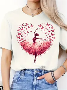 Women's Ballet Dance T-Shirt - Ballet Dancer Print Round Neck Tee Suitable for Dance Classes, Casual Wear & Gift for Ballerinas - Comfortable Sportswear with Ballet Theme, Machine Washable