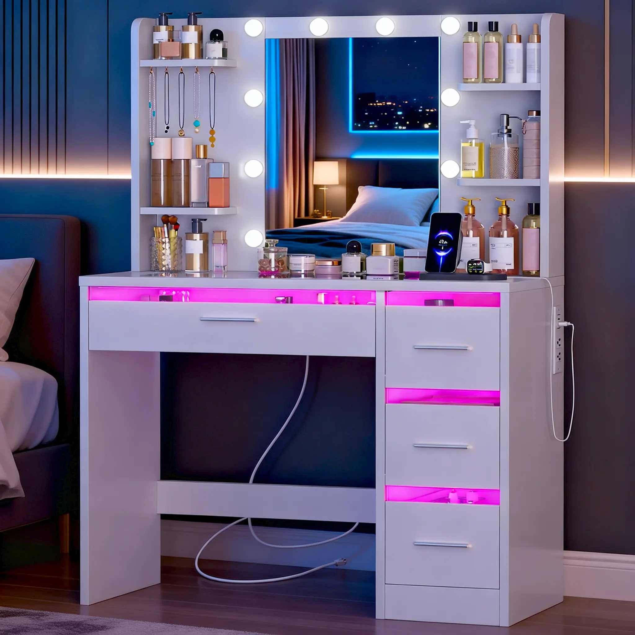 Furny Vanity Desk, Makeup Vanity Desk with Mirror and Lights , Glass Top Vanity with RGB Drawers, Power Outlet, for Bedroom,dorm essentials,home decor campingessentials