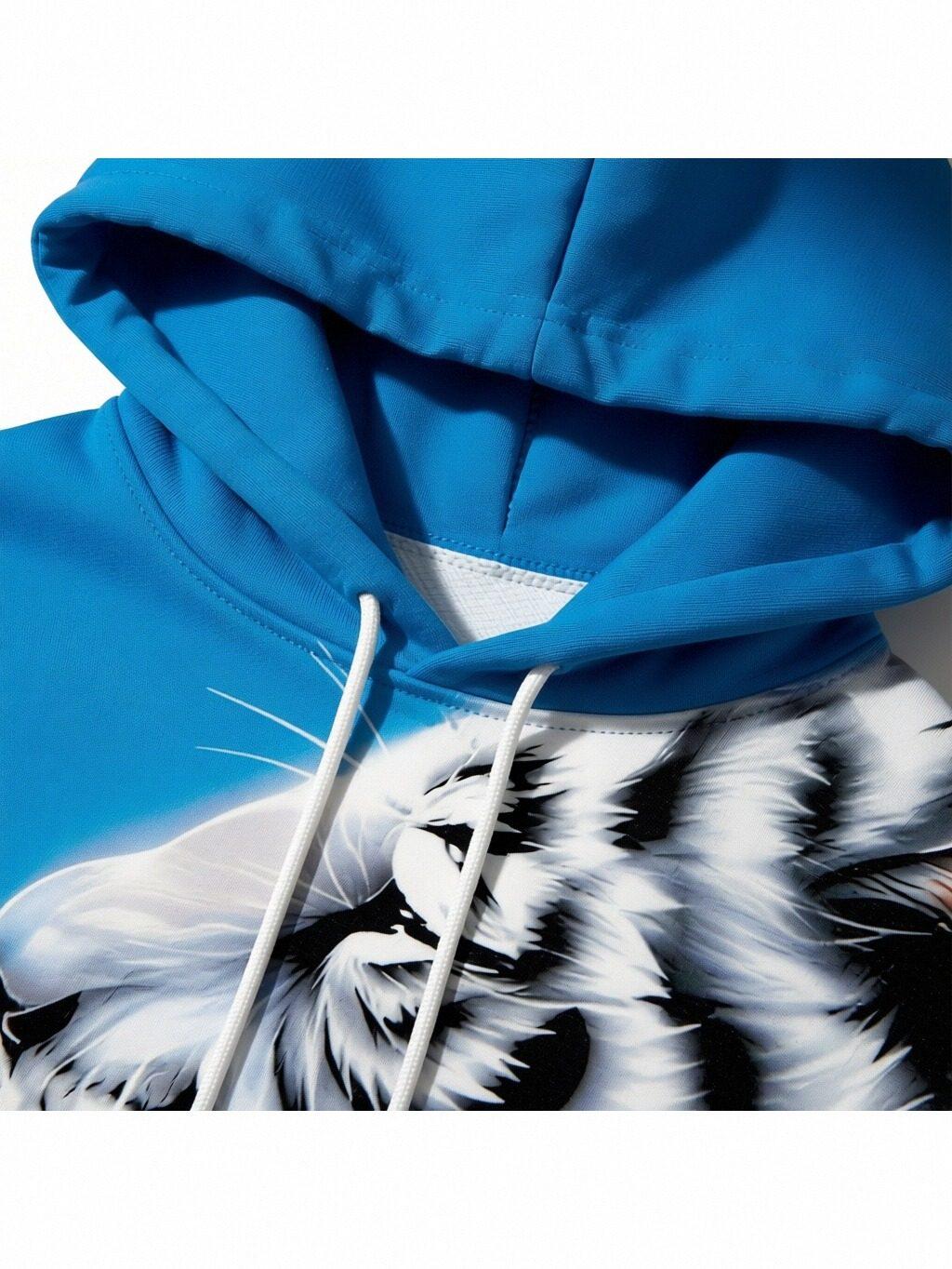 Men's 2-Piece White Tiger All-Over Print Sports Set - Blue Gradient Animal Pattern Sweatshirt, Soft Hoodie with Pockets, Sweatpants, Stylish Casual Streetwear, Suitable for Everyday Use