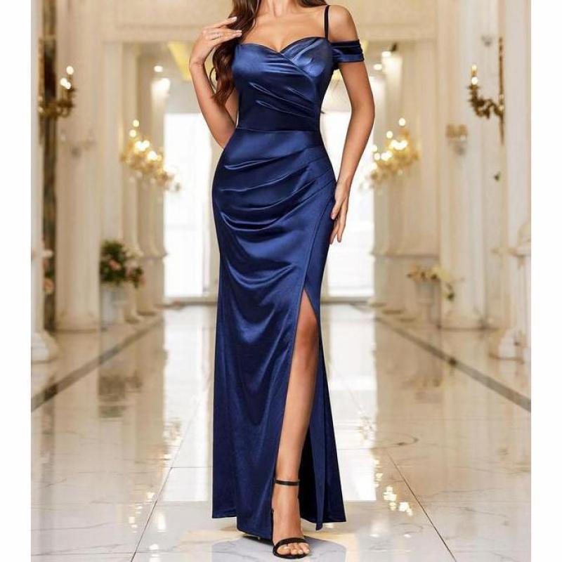 Off Shoulder Satin Slit Maxi Dress Women Formal Evening Party Guest Navy Blue Wrap Ruching Spaghetti Strap Wedding Graduation Bridesmaid Workwear Minimalist Elegant X1445 Off Shoulder Satin Slit Maxi Dress Women Formal Evening Party Guest Navy Blue Wrap Ruching Spaghetti Strap Wedding Graduation Bridesmaid Workwear Minimalist Elegant X1445