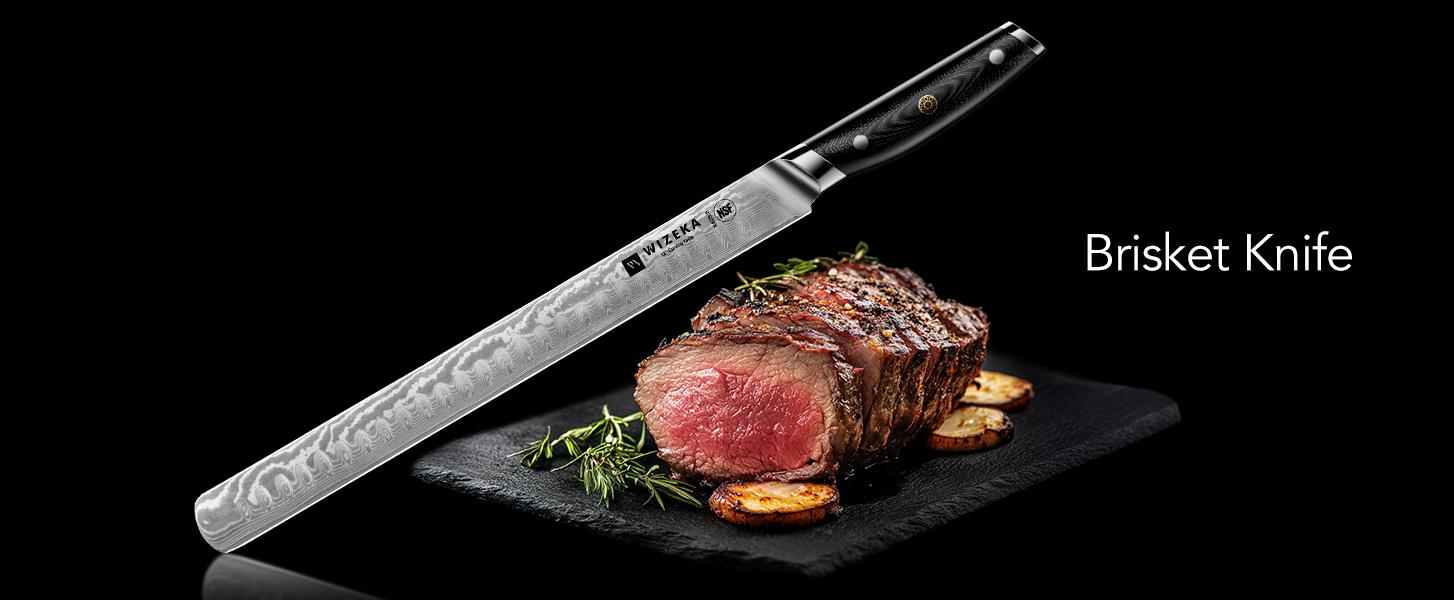 WIZEKA Brisket Knife,Ultra Sharp 12 Inch Damascus Slicing knife，Full Tang Carving Knife for Meat Cutting with G10 Handle，BBQ Knife，Great for Slicing Roasts, Meats, Fruits