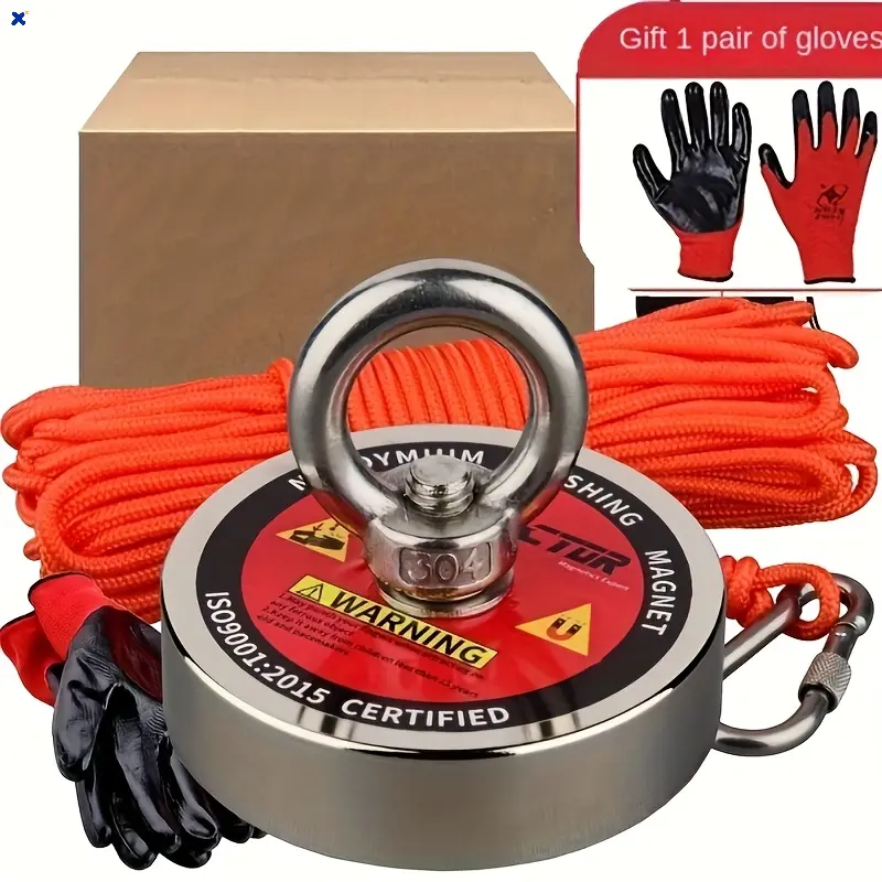 1500 Lbs Pull Force Magnet Fishing Kit, Heavy-Duty Neodymium Magnet with Durable Rope, Carabiner, Gloves & 304 Thread Locker Glue, Outdoor River Recovery Magnet Fishing Tool
